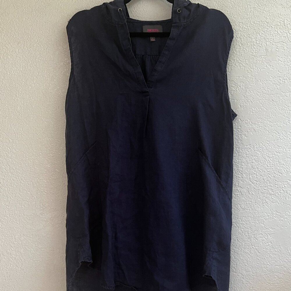 Forcynthia Beachwear Ladies Navy 100% Linen Hooded Sleeveless‎ Coverup Sz L READ